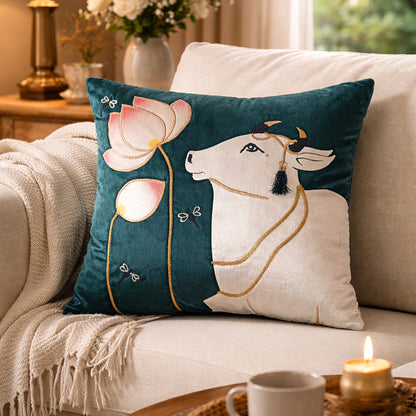 Emerald Green Velvet & Appliqué Pichwai Cow Cushion Cover
