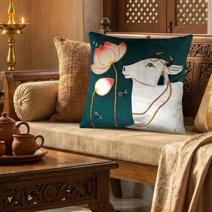 Emerald Green Velvet & Appliqué Pichwai Cow Cushion Cover