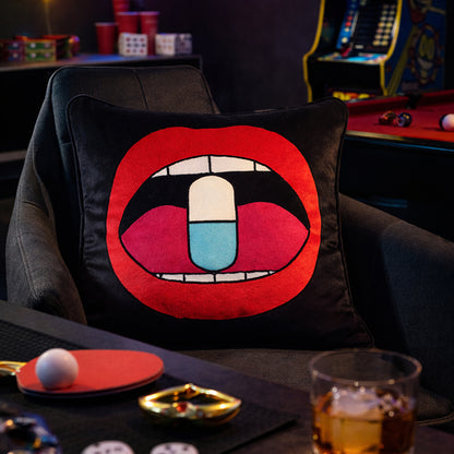 Black Velvet & Appliqué 'Chill Pill' Lips Cushion Cover