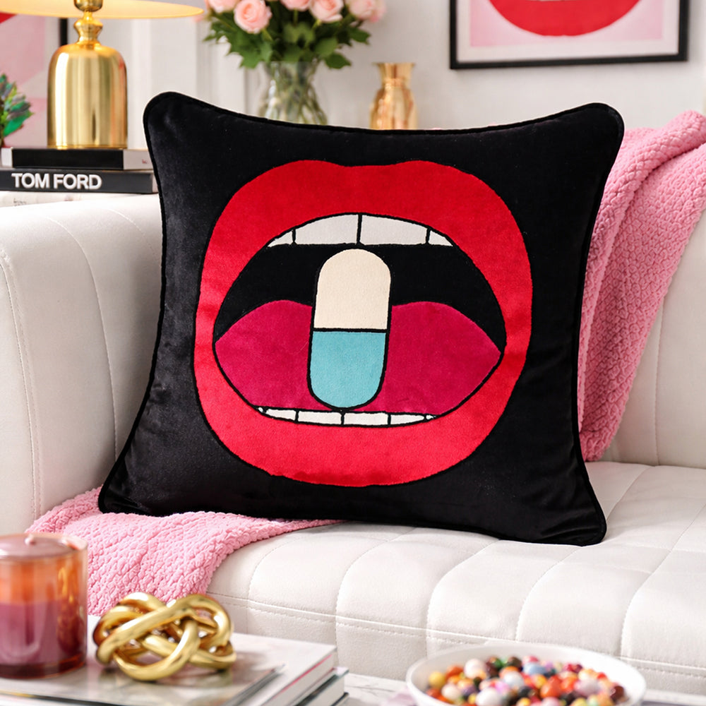 Black Velvet & Appliqué 'Chill Pill' Lips Cushion Cover