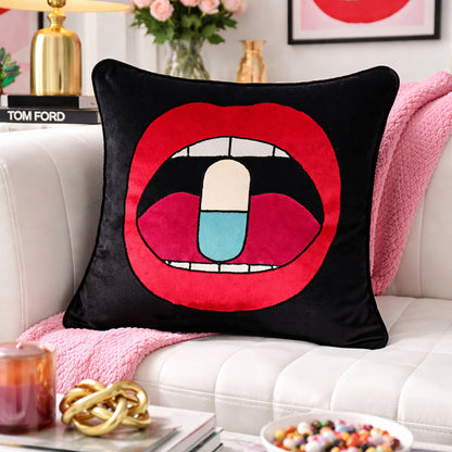 Black Velvet & Appliqué 'Chill Pill' Lips Cushion Cover
