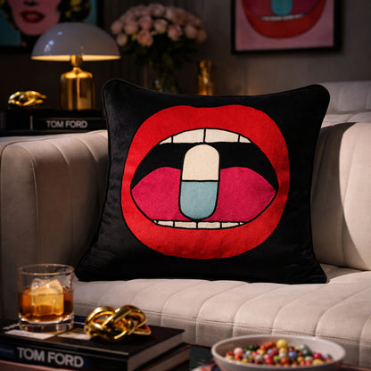 Black Velvet & Appliqué 'Chill Pill' Lips Cushion Cover