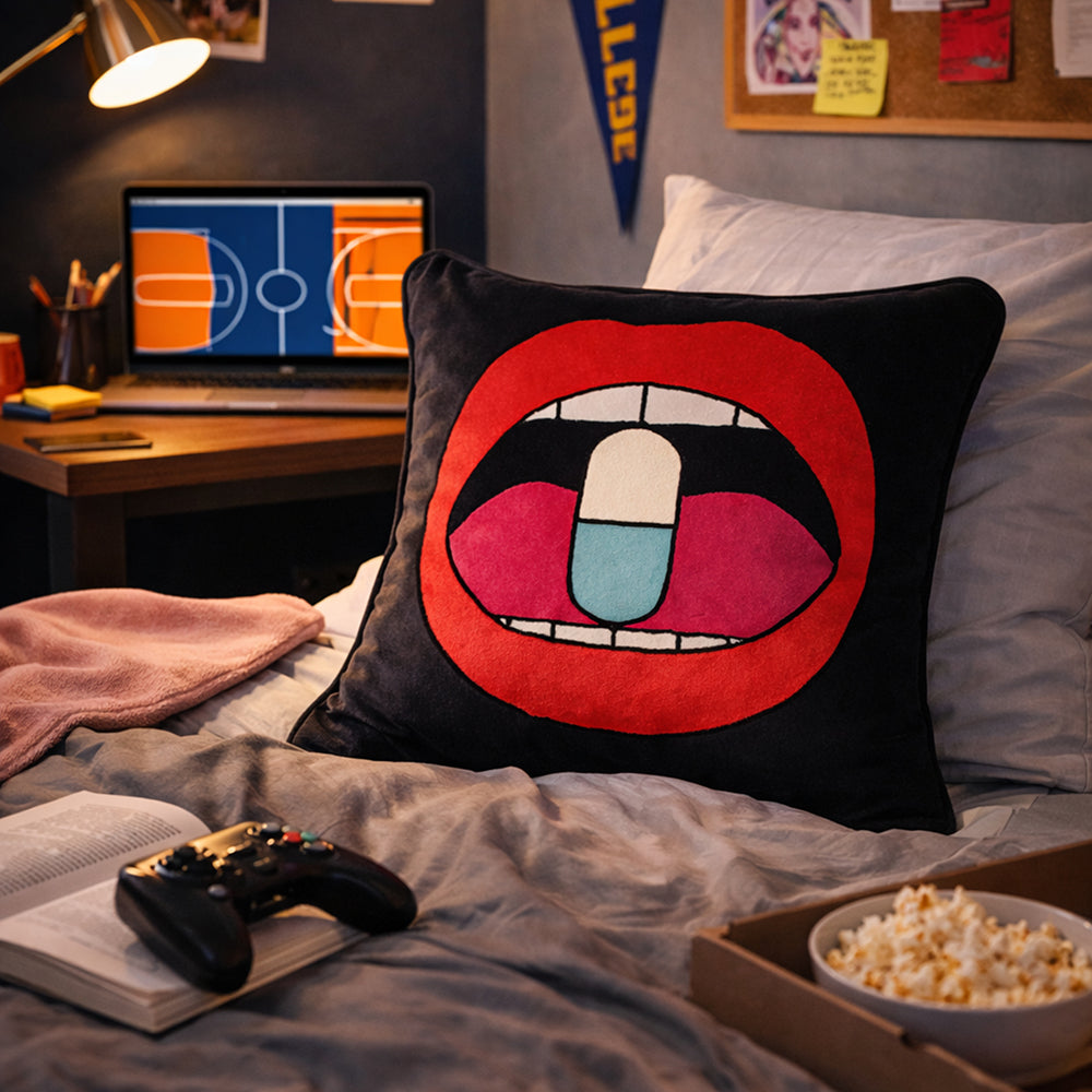 Black Velvet & Appliqué 'Chill Pill' Lips Cushion Cover