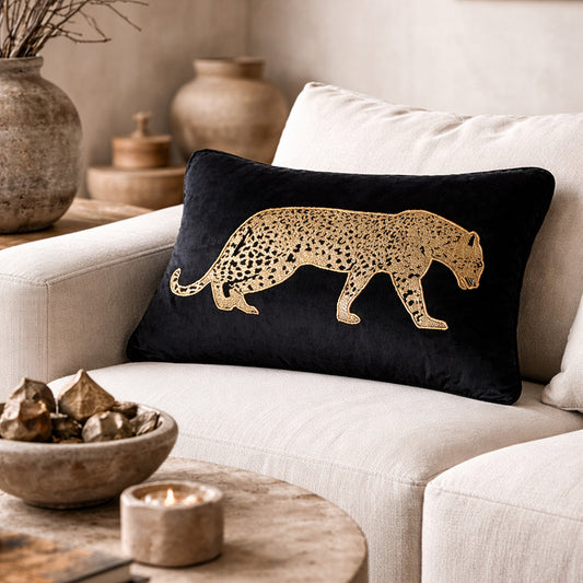 Black Velvet & Champagne Leopard Lumbar Cushion Cover