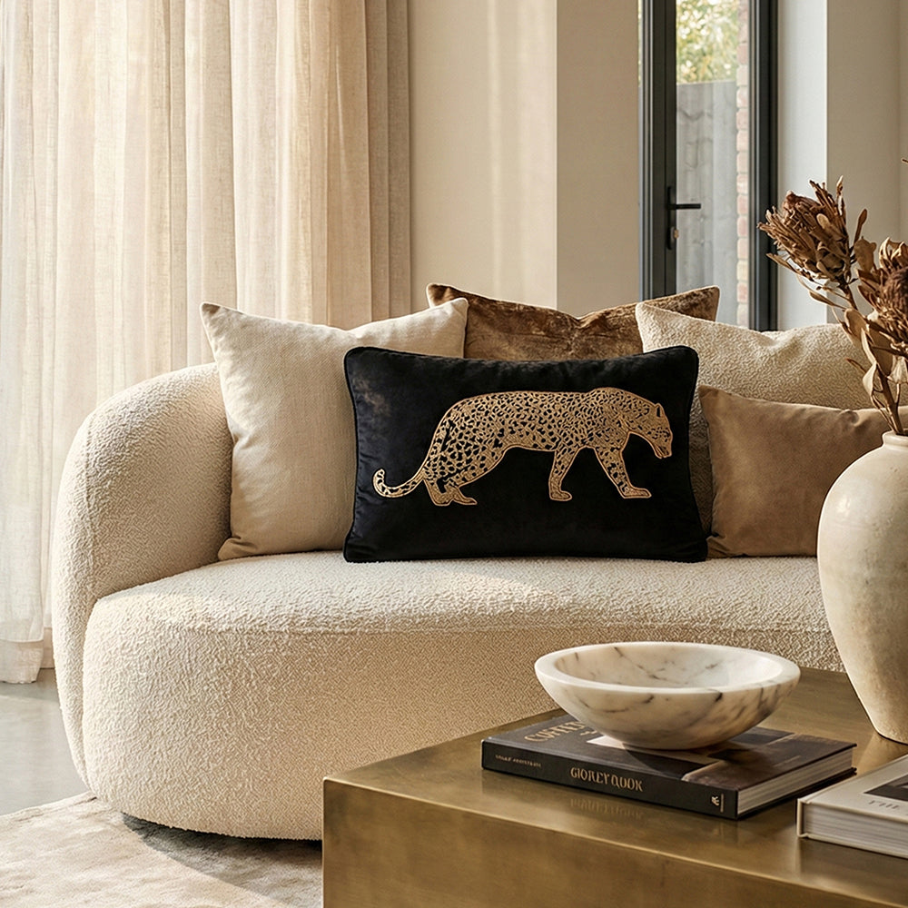 Black Velvet & Champagne Leopard Lumbar Cushion Cover