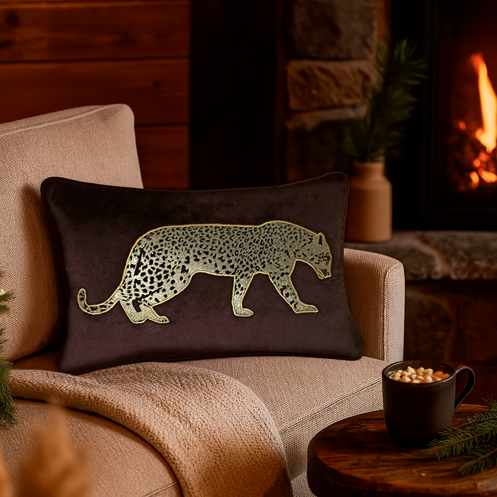 Black Velvet & Champagne Leopard Lumbar Cushion Cover