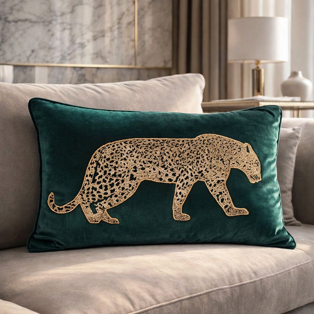 Black Velvet & Champagne Leopard Lumbar Cushion Cover