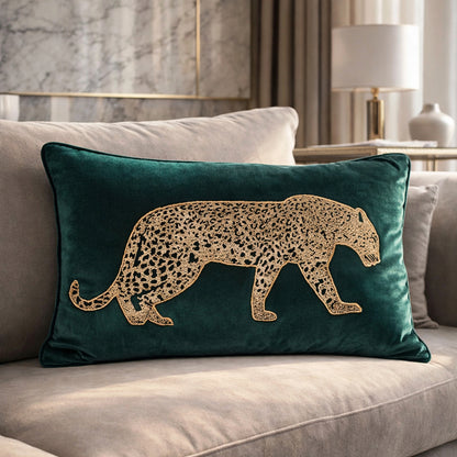 Black Velvet & Champagne Leopard Lumbar Cushion Cover