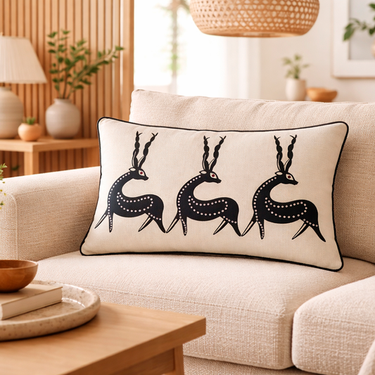 Cream Linen & Black Tribal Deer Lumbar Cushion Cover