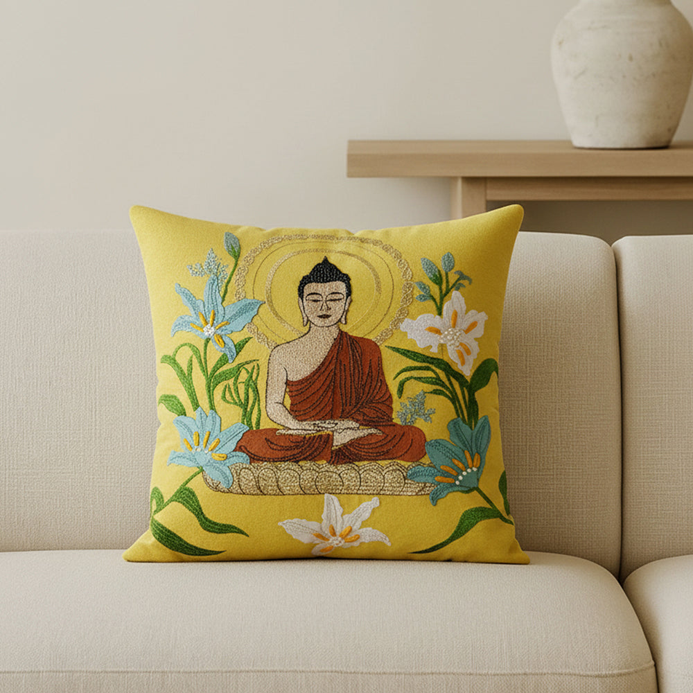 Meditating Buddha - Yellow Velvet & Embroidered Cushion Cover