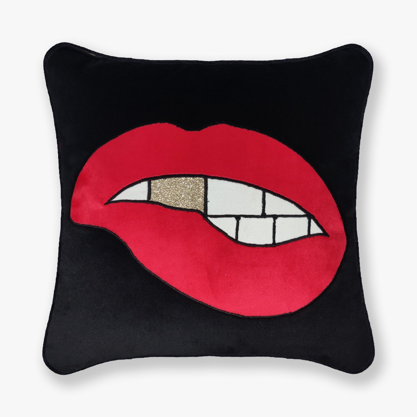 Black Velvet & Appliqué 'Biting Lips' Cushion Cover