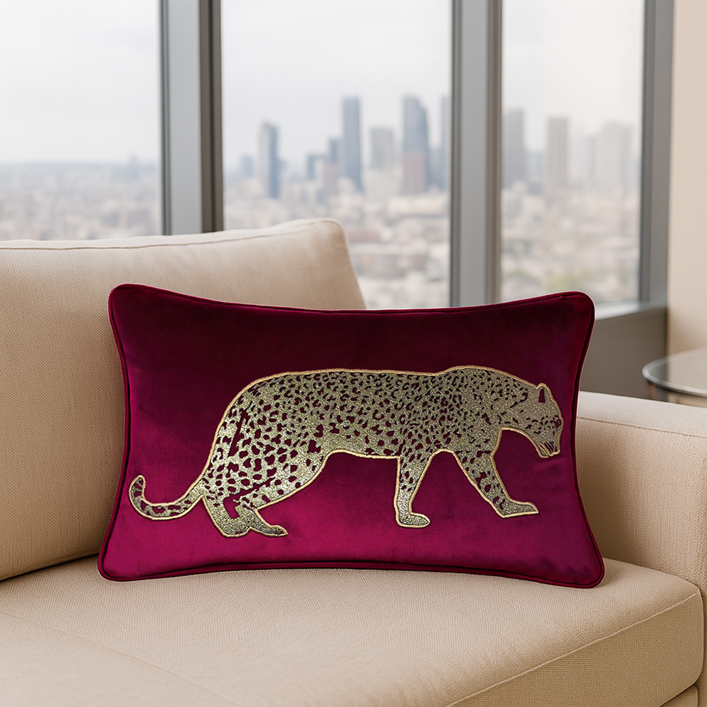 Black Velvet & Champagne Leopard Lumbar Cushion Cover
