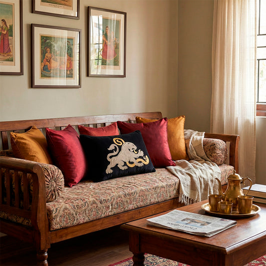 Black Velvet & Metallic Lion vs Serpent Lumbar Cushion Cover