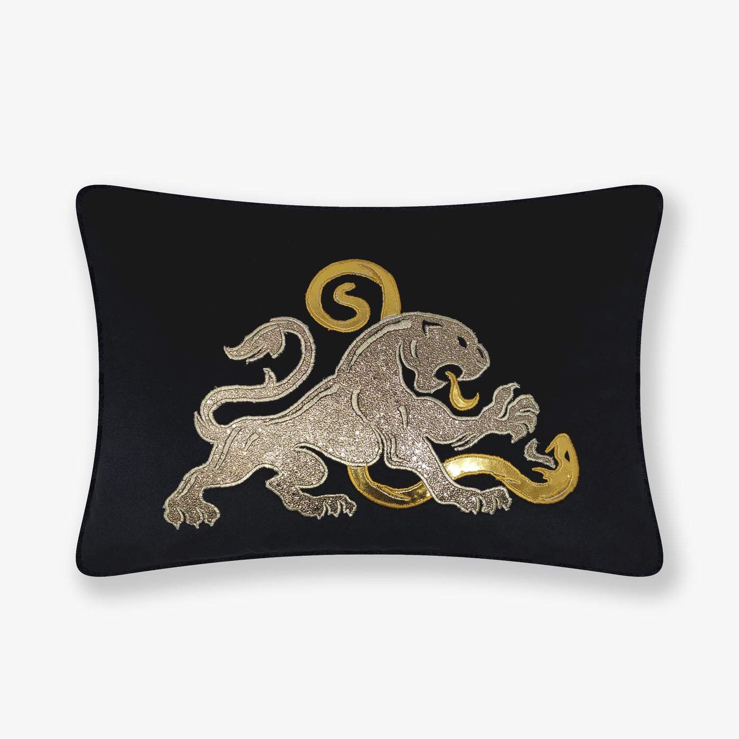 Black Velvet & Metallic Lion vs Serpent Lumbar Cushion Cover