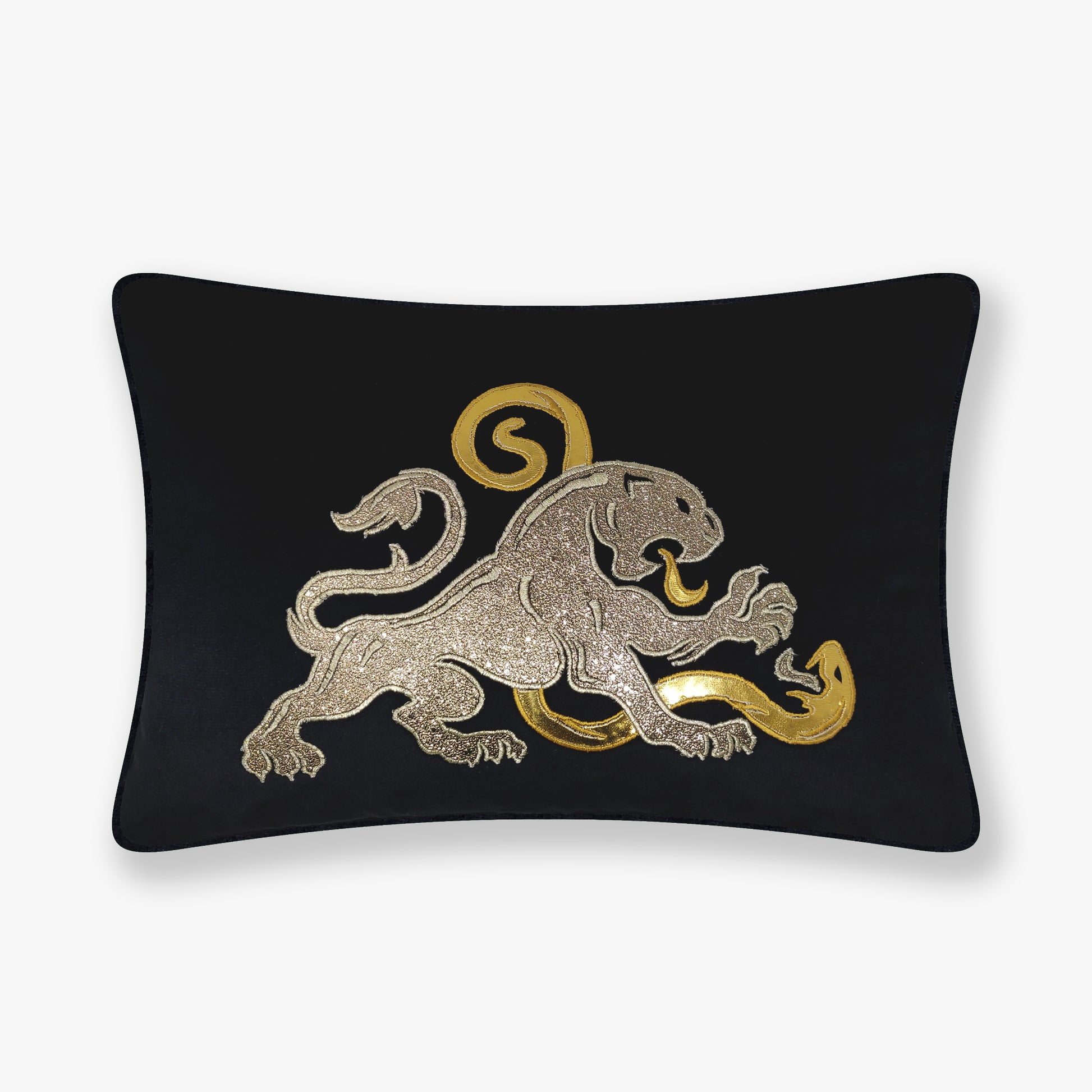 Black Velvet & Metallic Lion vs Serpent Lumbar Cushion Cover