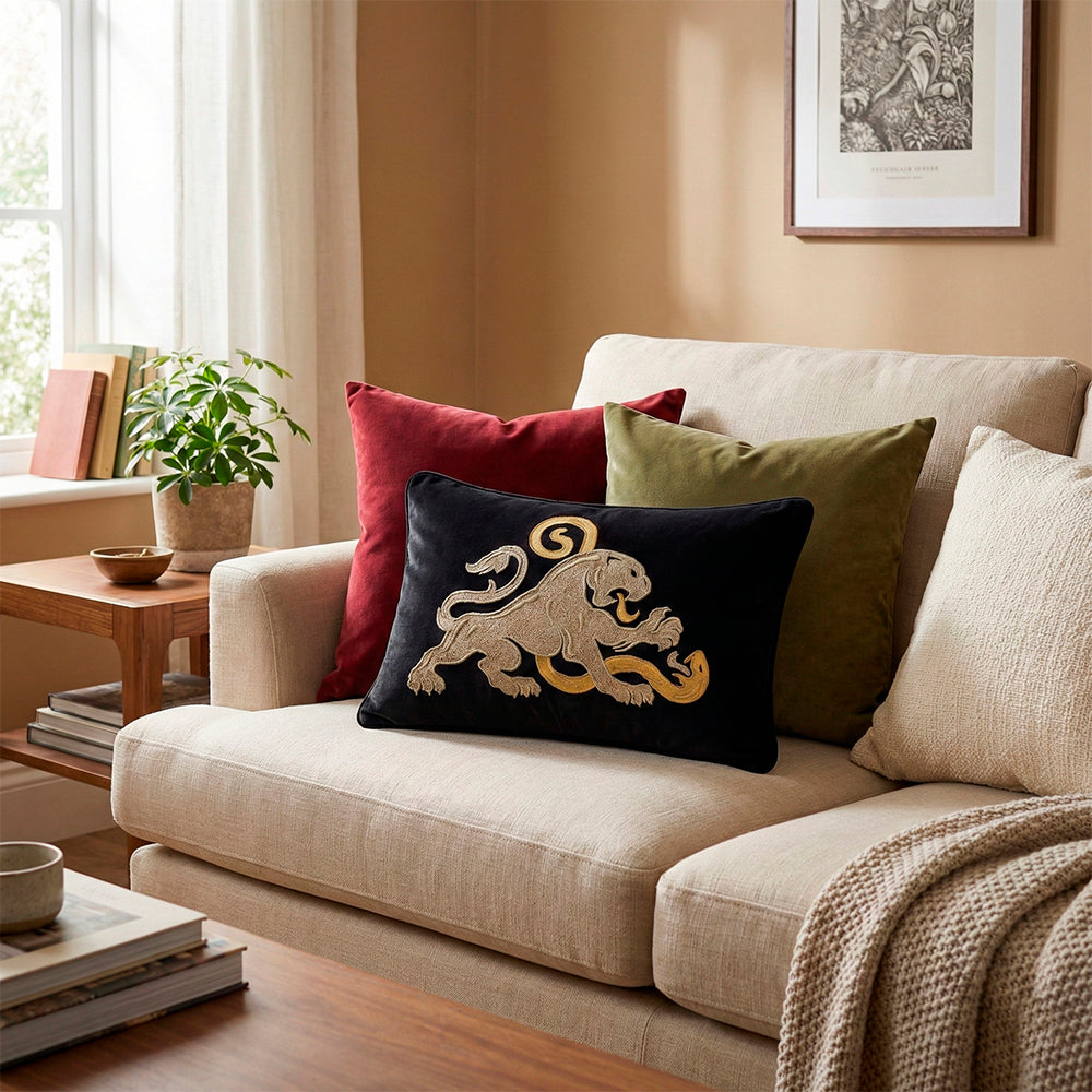 Black Velvet & Metallic Lion vs Serpent Lumbar Cushion Cover