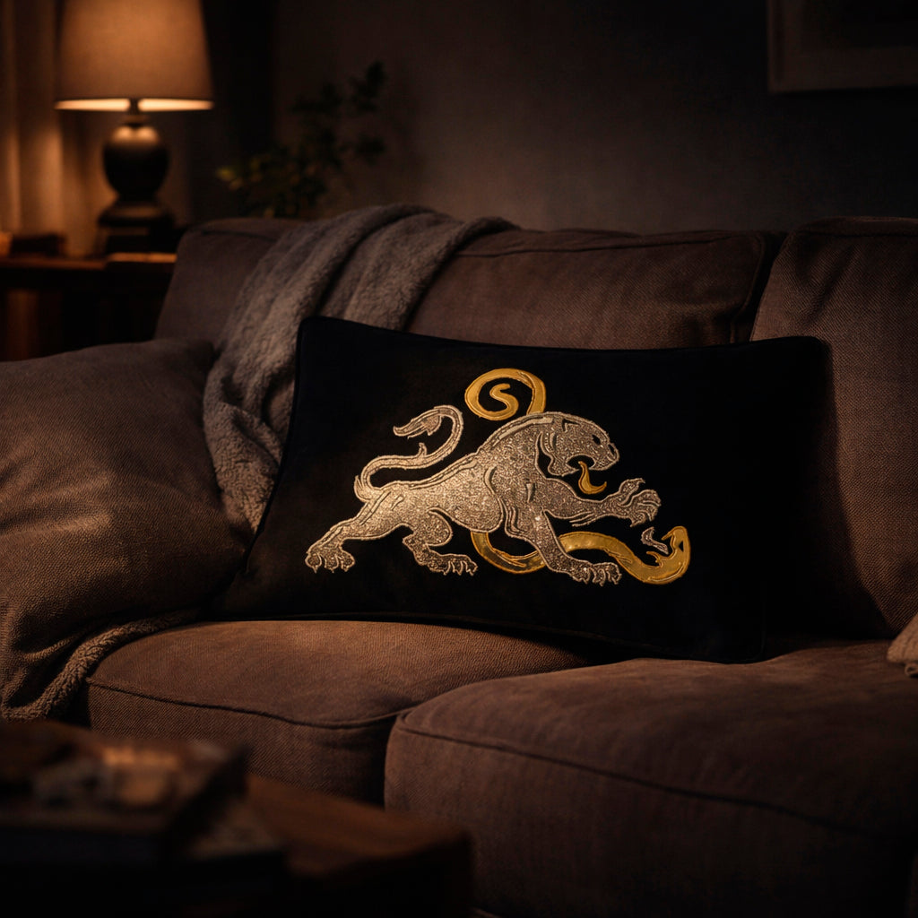 Black Velvet & Metallic Lion vs Serpent Lumbar Cushion Cover