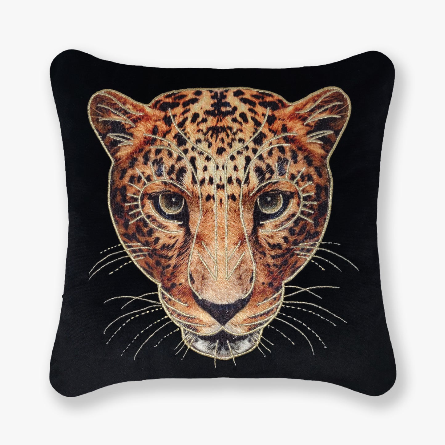 Jawai - Black Velvet & Embroidered Leopard Portrait Cushion Cover