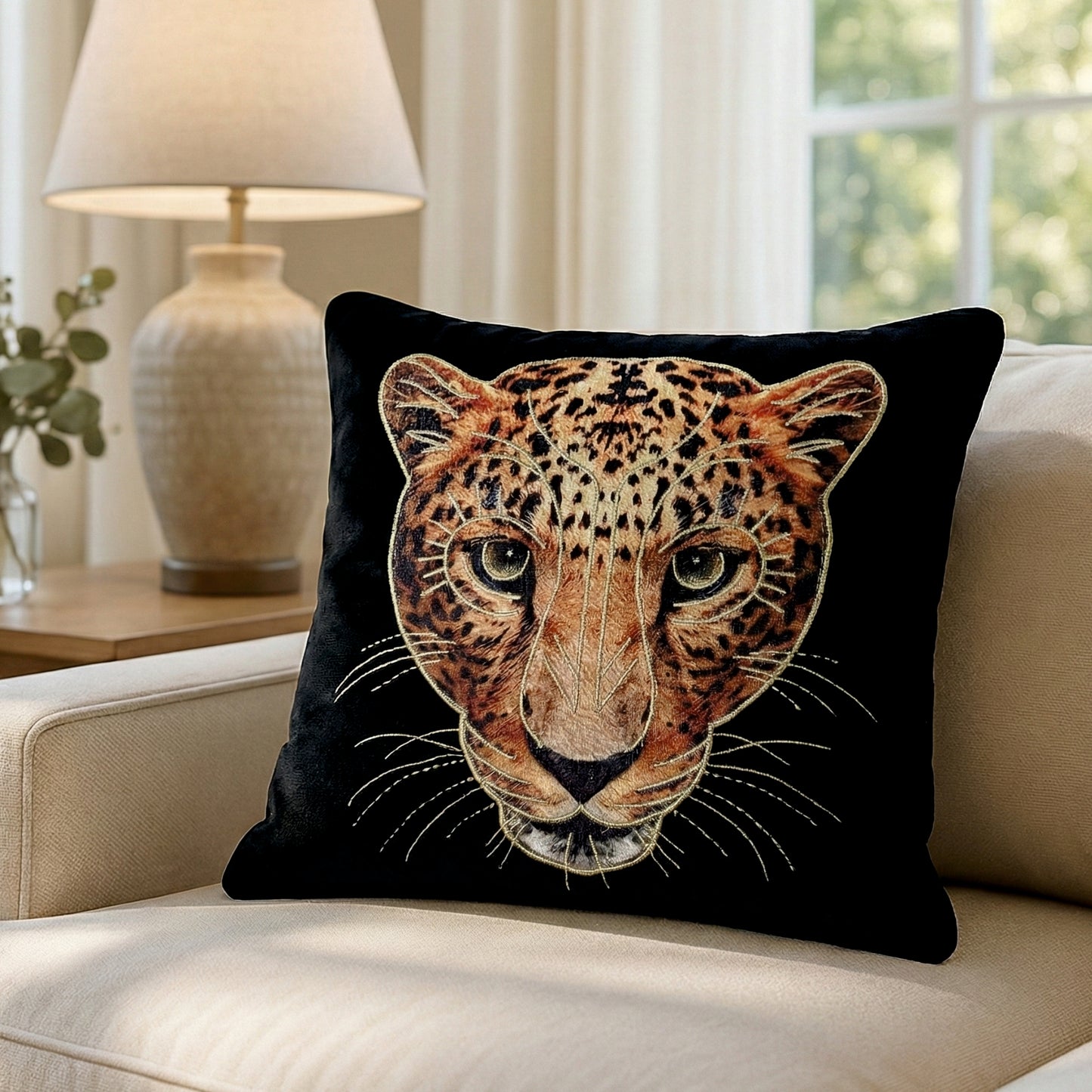 Jawai - Black Velvet & Embroidered Leopard Portrait Cushion Cover