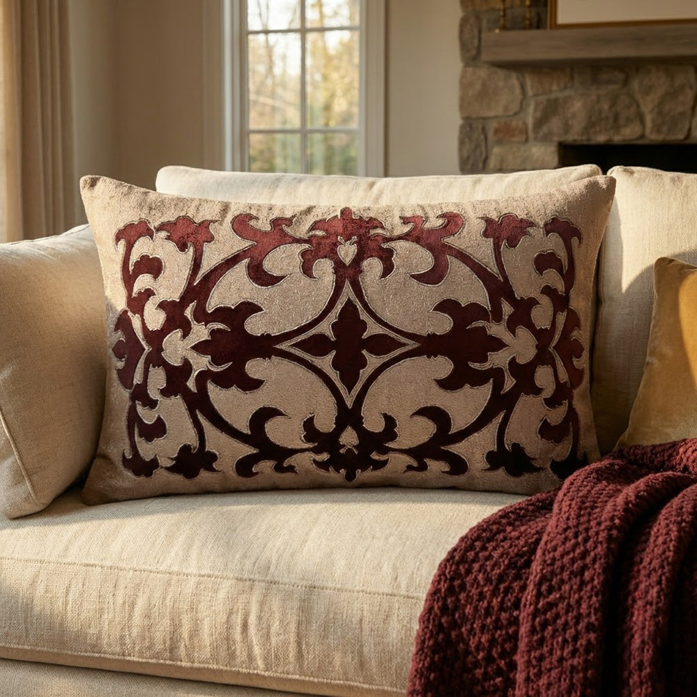 Burgundy Maroon Velvet Damask Lumbar Cushion Cover, 12x18 inch