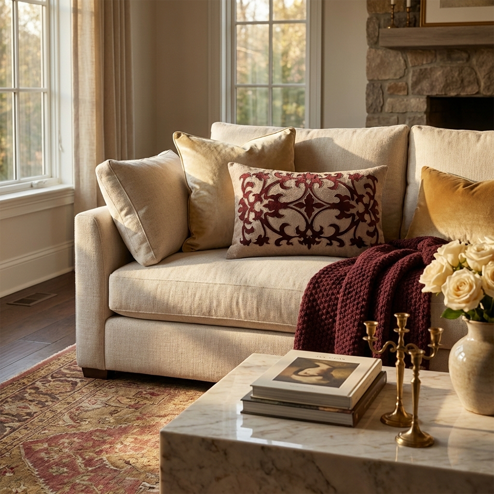Burgundy Maroon Velvet Damask Lumbar Cushion Cover, 12x18 inch
