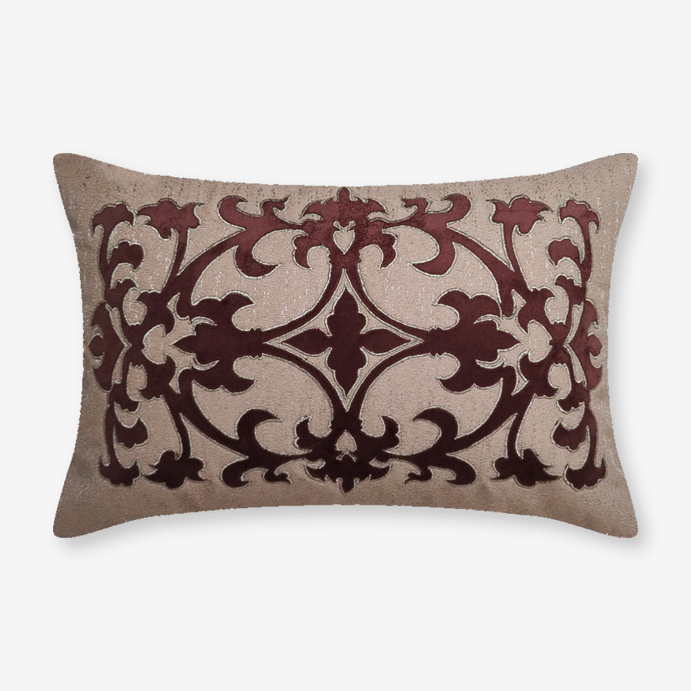 Burgundy Maroon Velvet Damask Lumbar Cushion Cover, 12x18 inch