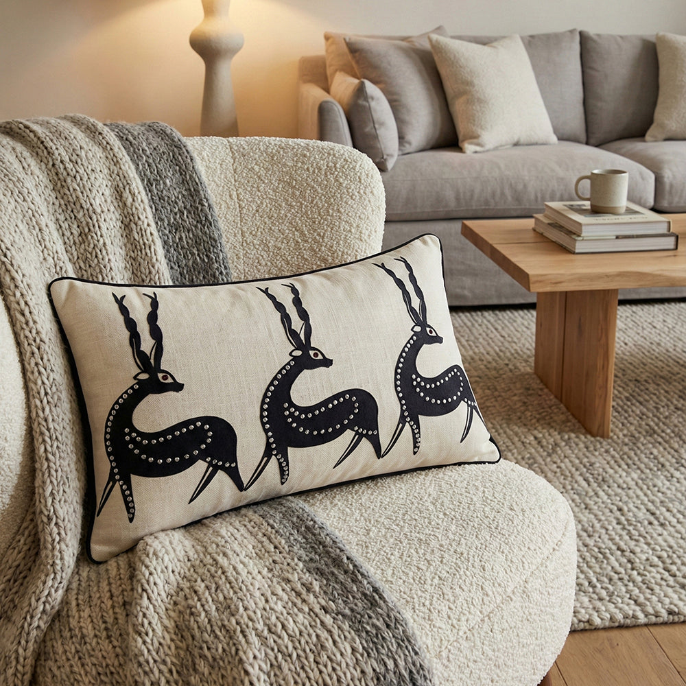Cream Linen & Black Tribal Deer Lumbar Cushion Cover