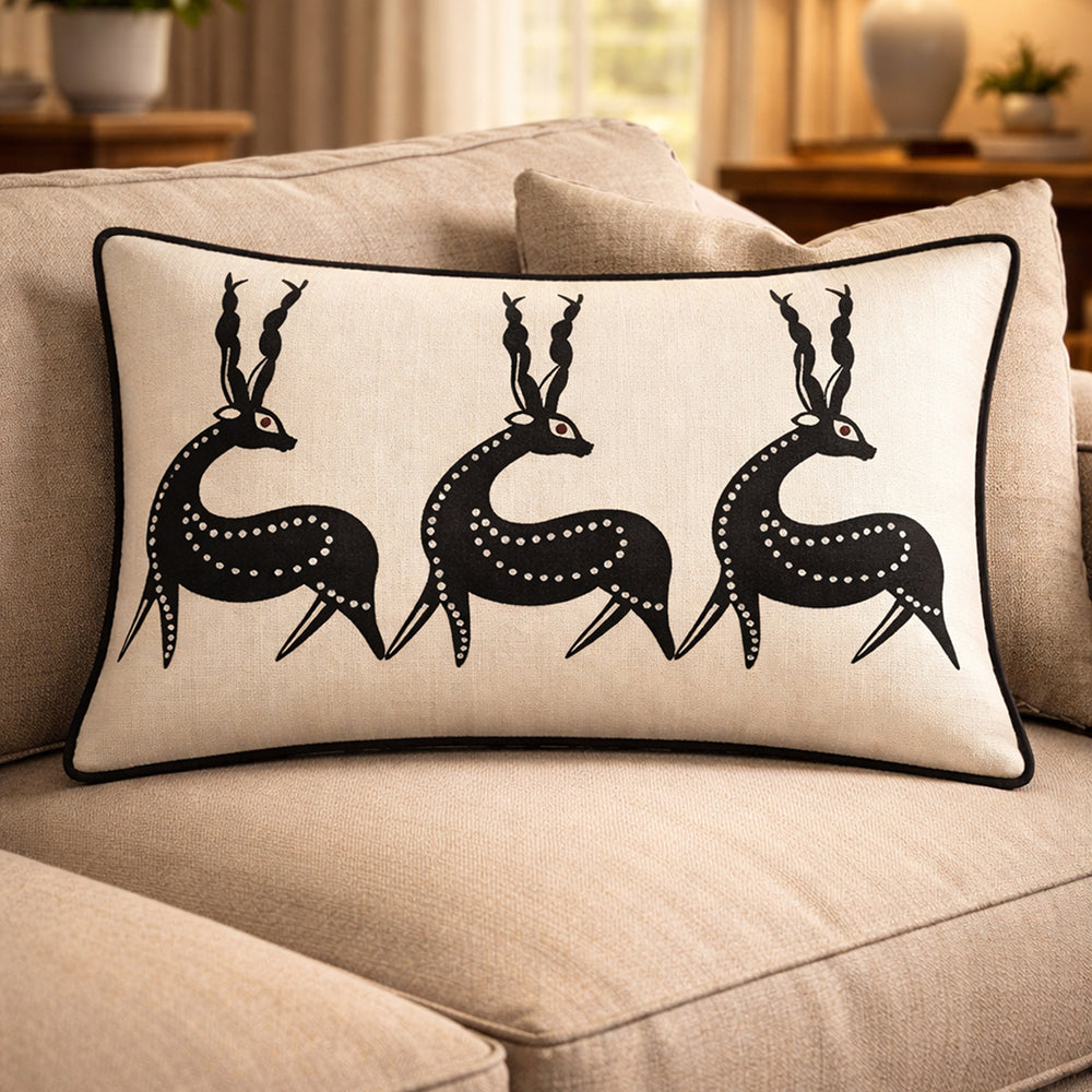 Cream Linen & Black Tribal Deer Lumbar Cushion Cover