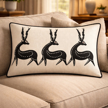Cream Linen & Black Tribal Deer Lumbar Cushion Cover