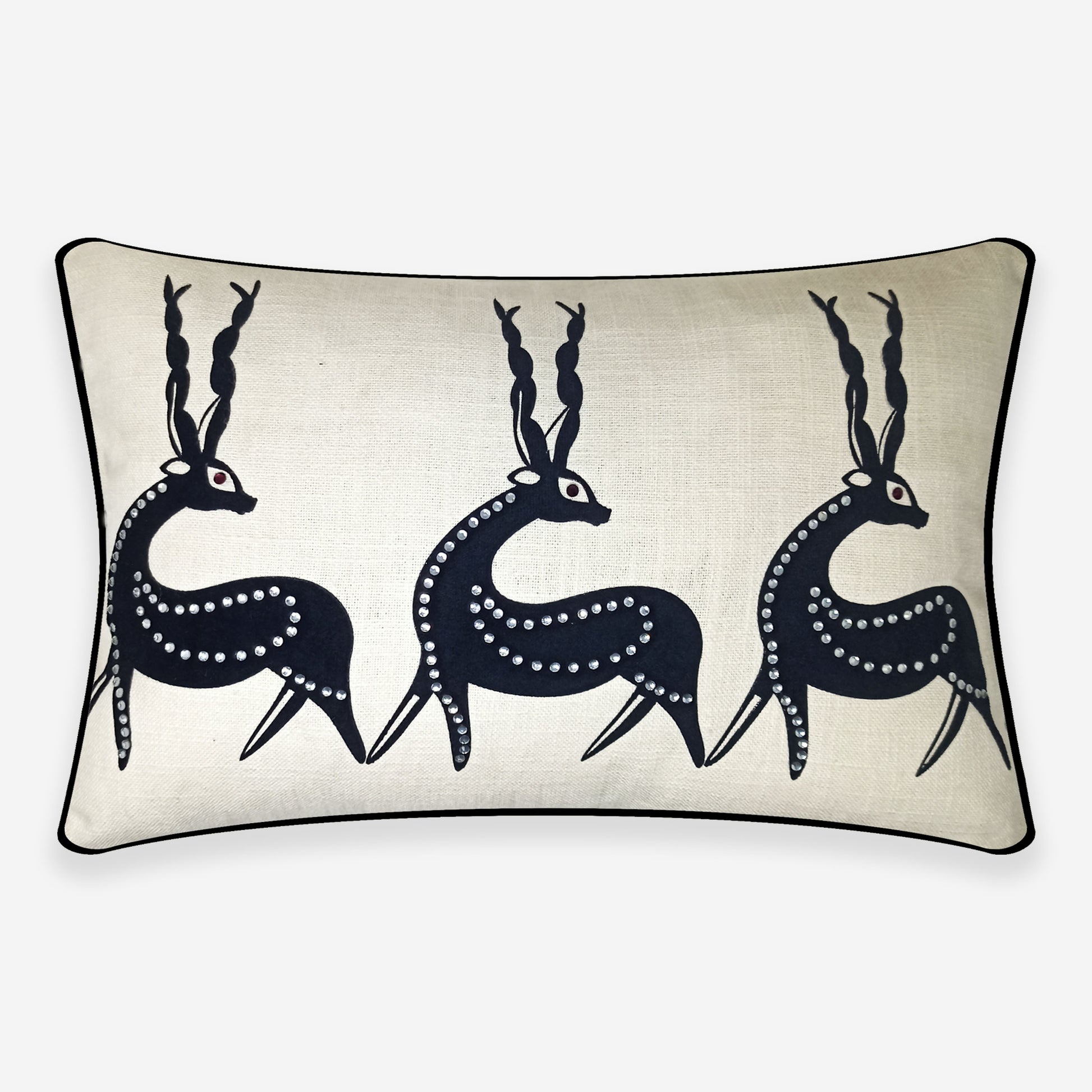 Cream Linen & Black Tribal Deer Lumbar Cushion Cover