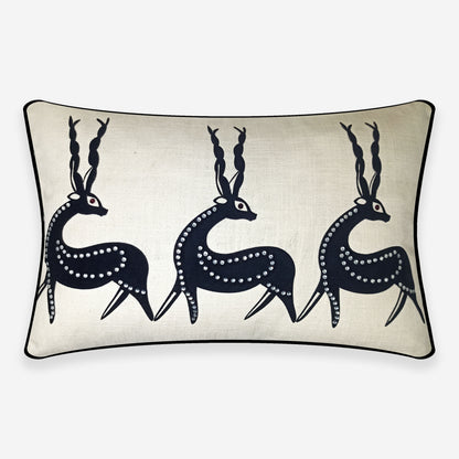 Cream Linen & Black Tribal Deer Lumbar Cushion Cover