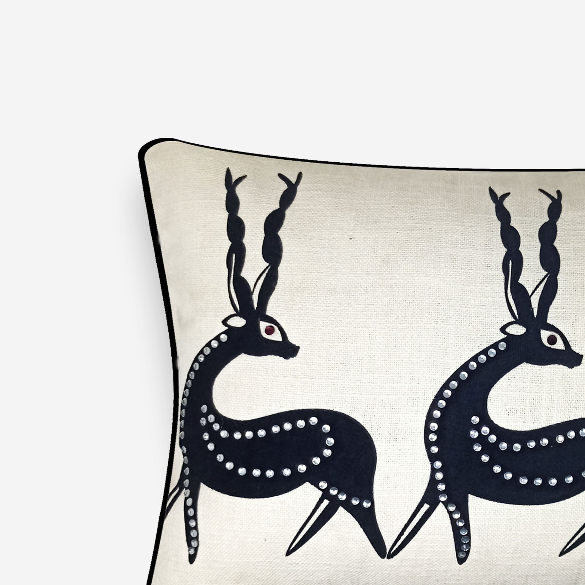 Cream Linen & Black Tribal Deer Lumbar Cushion Cover