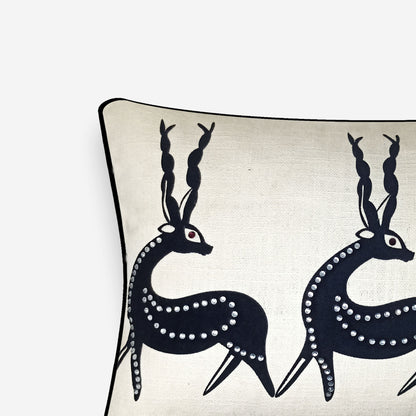 Cream Linen & Black Tribal Deer Lumbar Cushion Cover