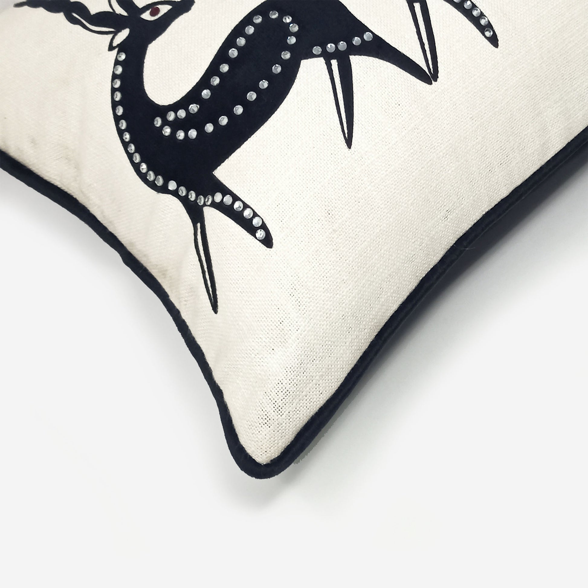 Cream Linen & Black Tribal Deer Lumbar Cushion Cover