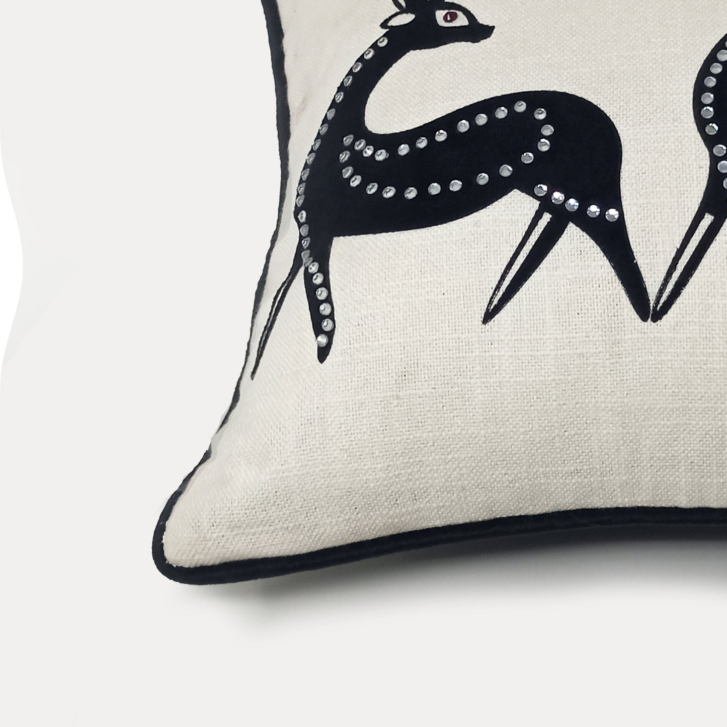 Cream Linen & Black Tribal Deer Lumbar Cushion Cover