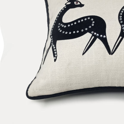 Cream Linen & Black Tribal Deer Lumbar Cushion Cover