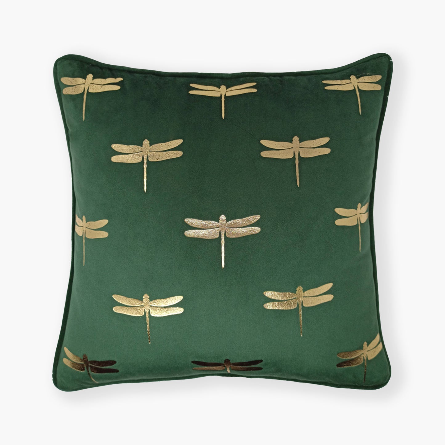 Dragonfly foil print velvet cushion cover in dark green, front view