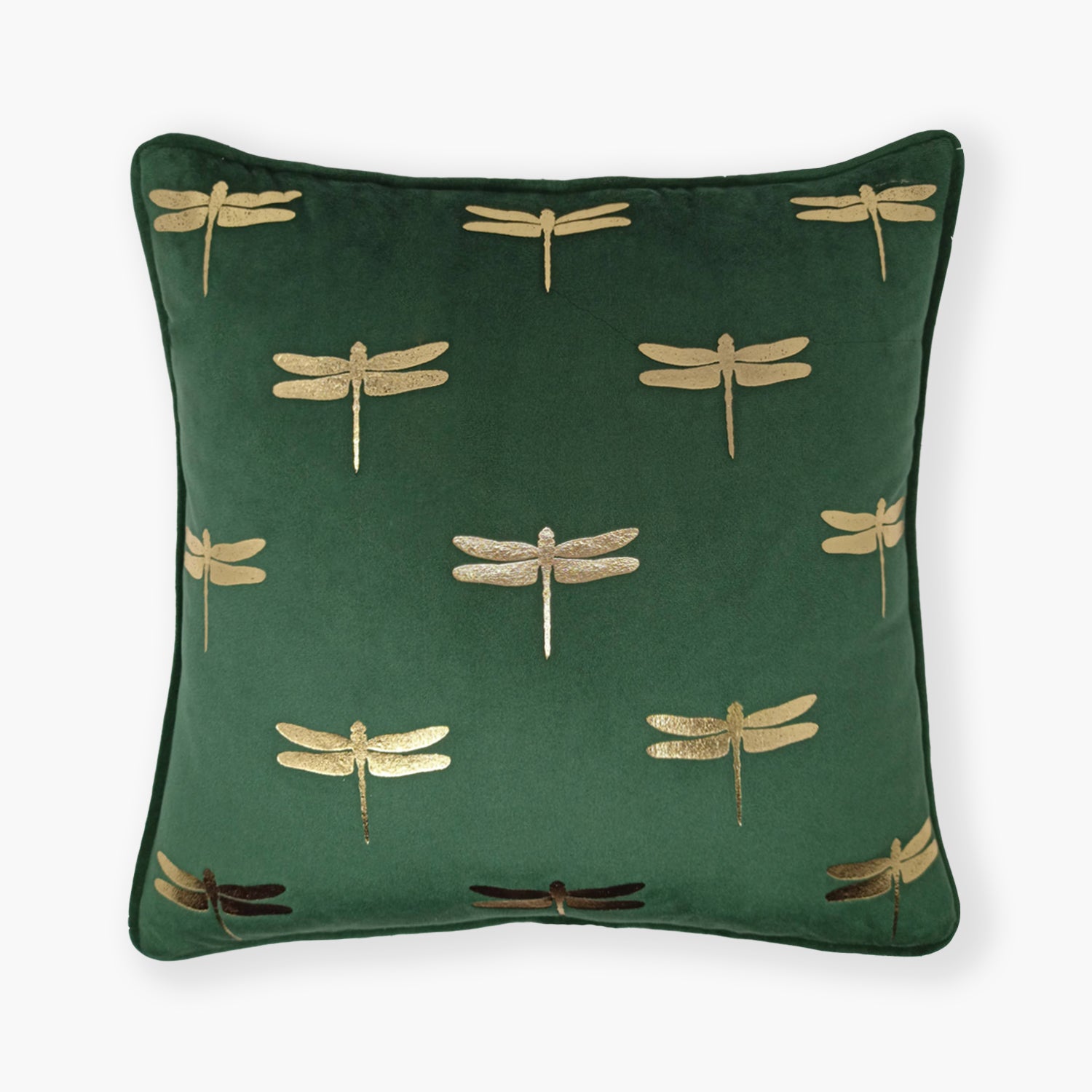 Dragonfly foil print velvet cushion cover in dark green, front view