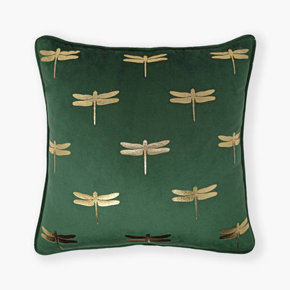 Dragonfly foil print velvet cushion cover in dark green, front view