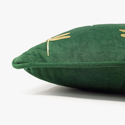 Dragonfly foil print velvet cushion cover in dark green, side view