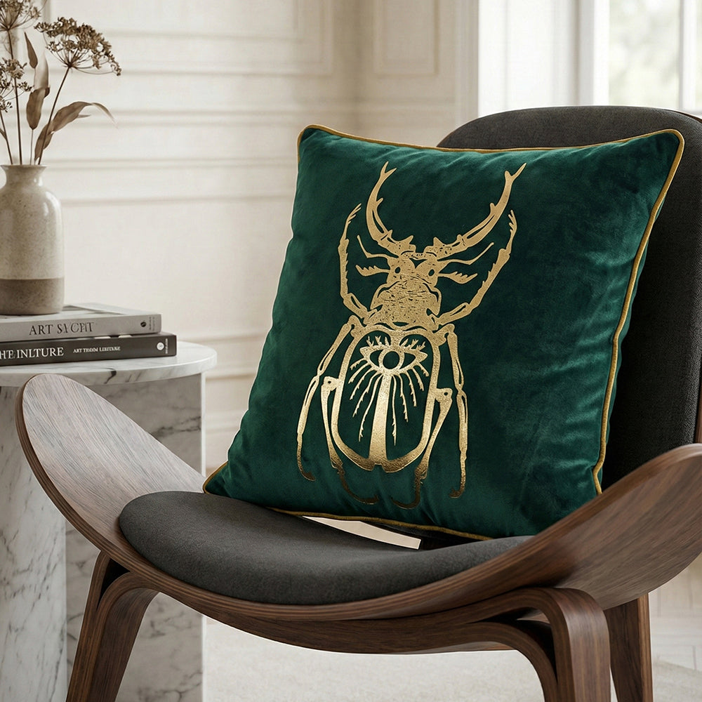 Emerald Green Gold Stag Beetle Velvet Cushion Cover, 16x16 inch