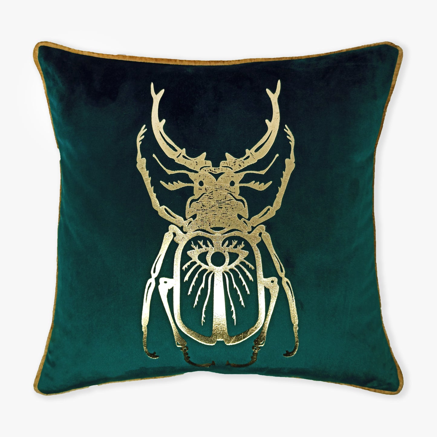Emerald Green Gold Stag Beetle Velvet Cushion Cover, 16x16 inch
