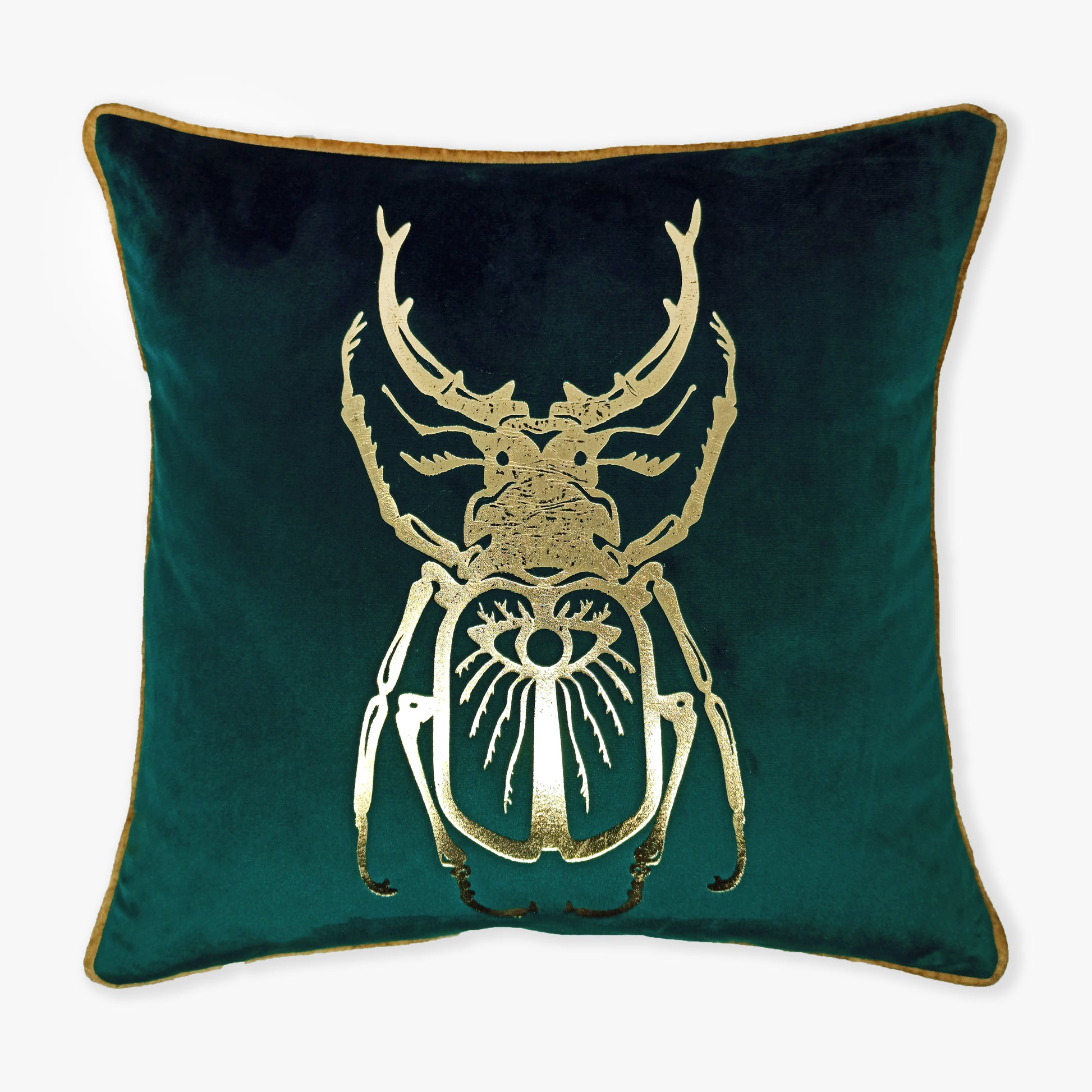Emerald Green Gold Stag Beetle Velvet Cushion Cover, 16x16 inch