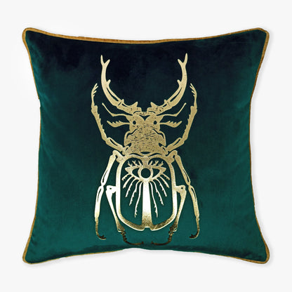 Emerald Green Gold Stag Beetle Velvet Cushion Cover, 16x16 inch
