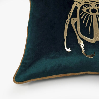 Emerald Green Gold Stag Beetle Velvet Cushion Cover, 16x16 inch