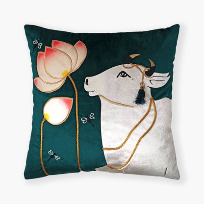 Emerald Green Velvet & Appliqué Pichwai Cow Cushion Cover