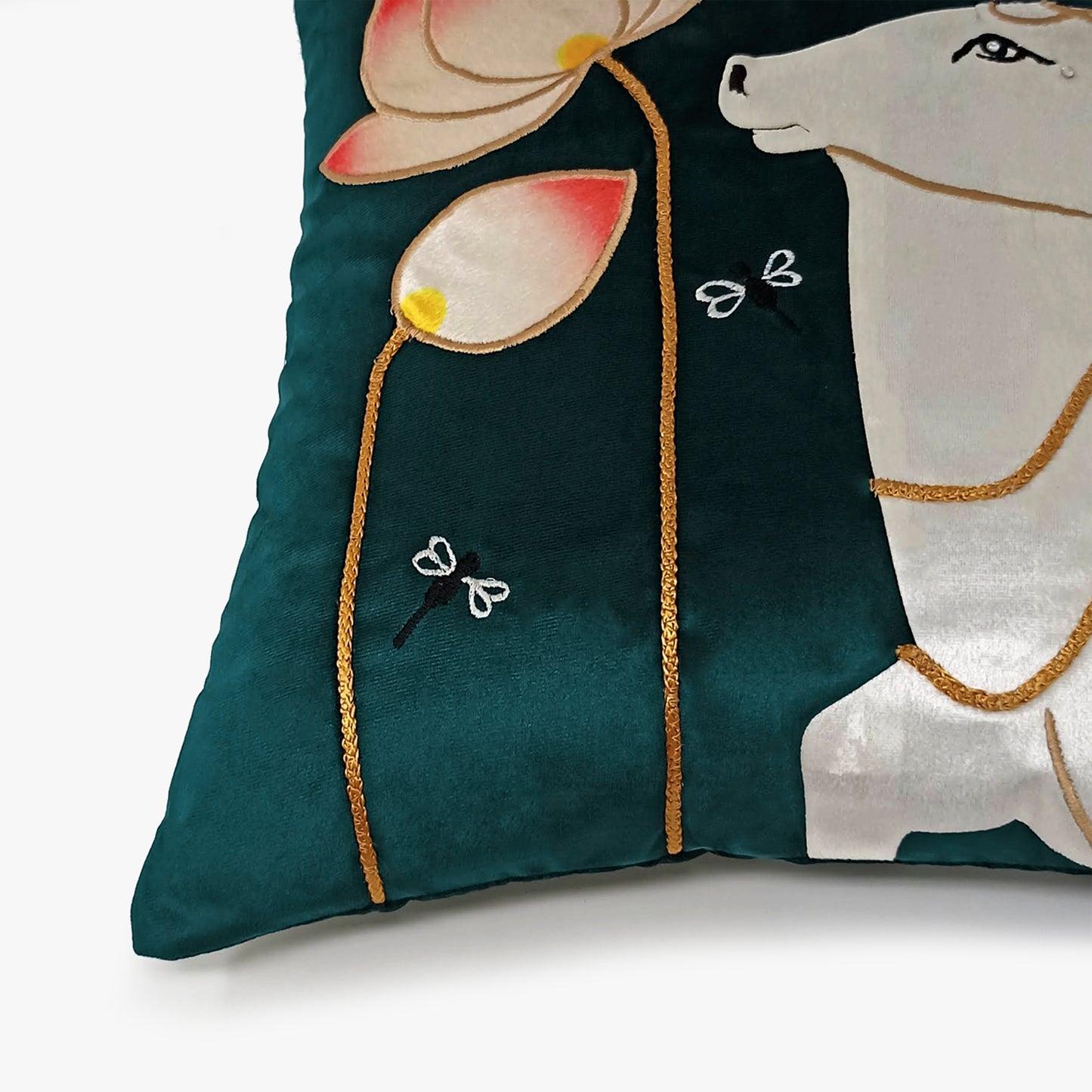 Emerald Green Velvet & Appliqué Pichwai Cow Cushion Cover