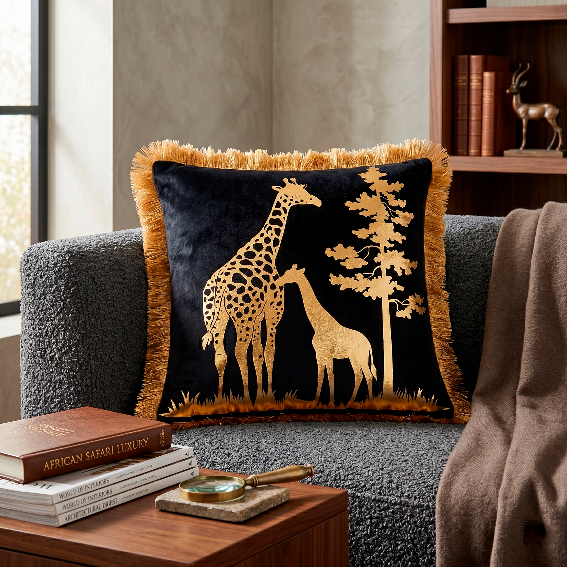 Giraffe Animal Print Gold Foil Velvet Cushion Cover, 16x16 inch