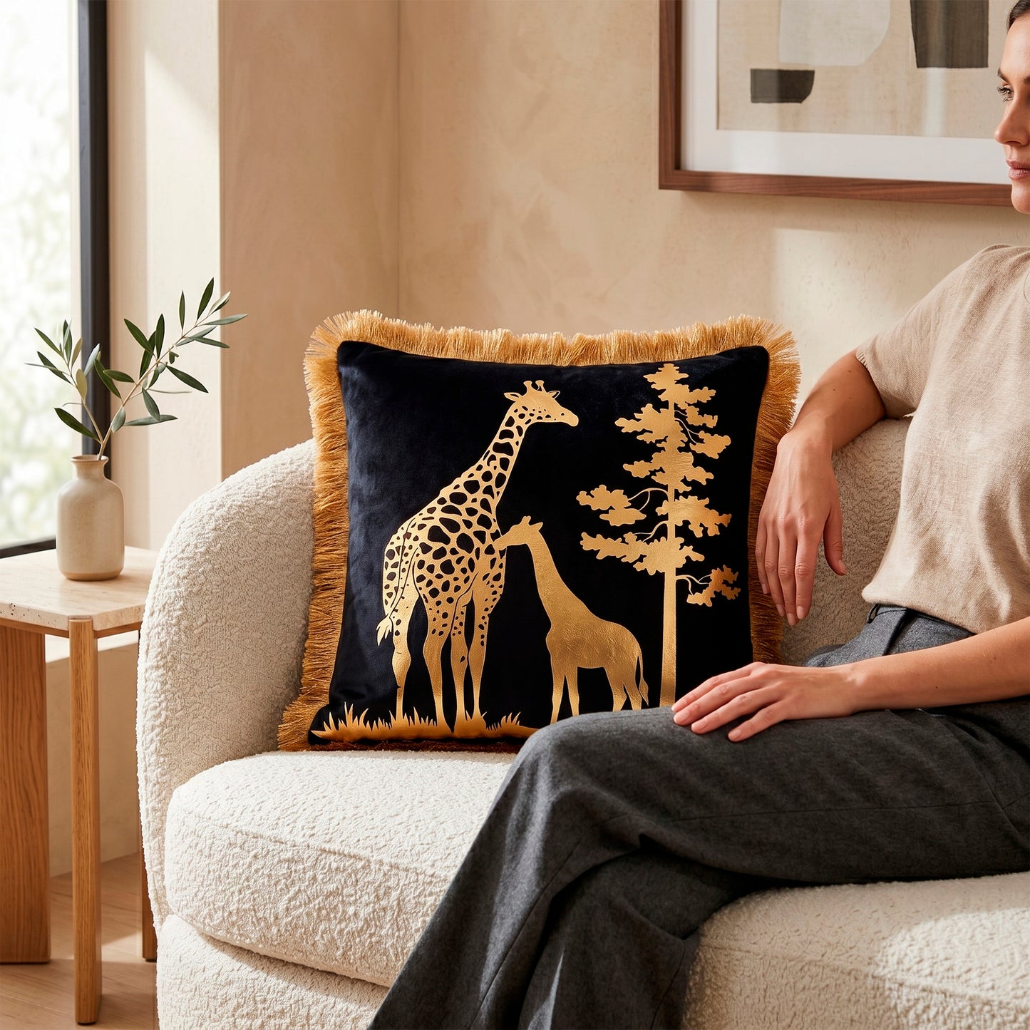 Giraffe Animal Print Gold Foil Velvet Cushion Cover, 16x16 inch