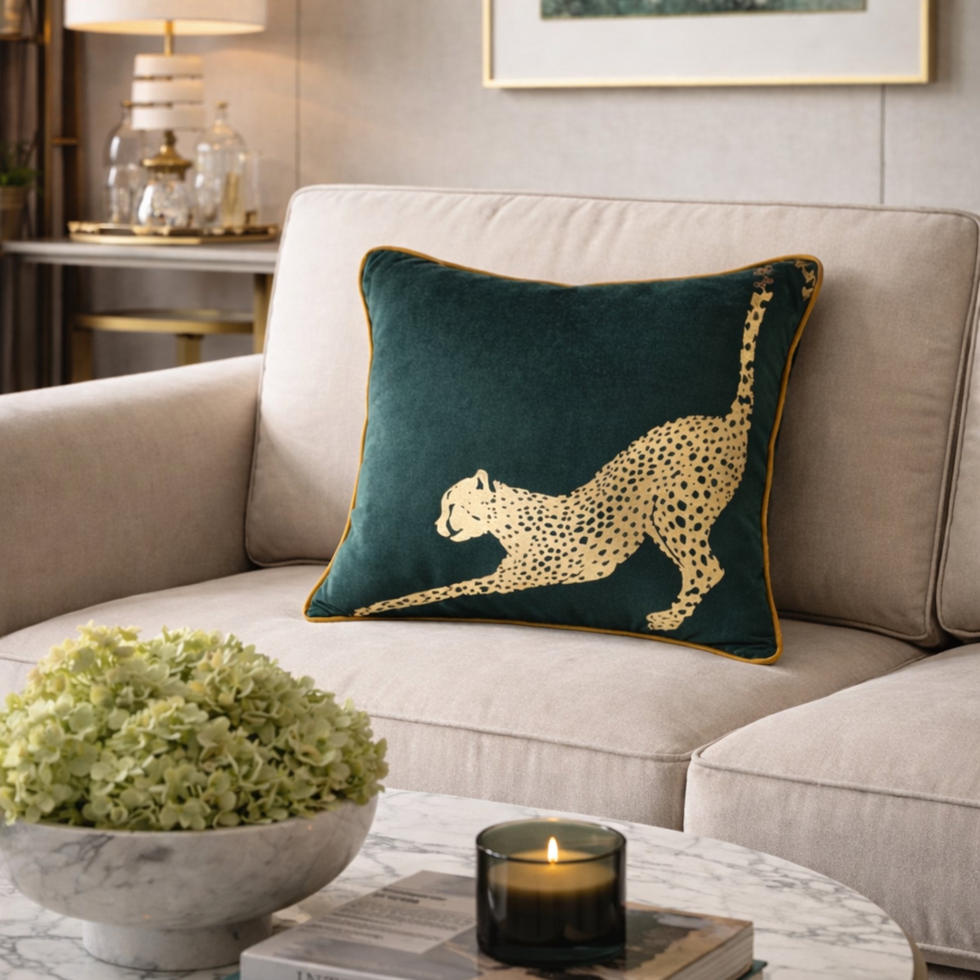 Glambition Cheetah Print Green Gold Cushion Cover, 16x16 inch